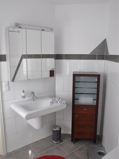 Ein modernes Badezimmer mit weißen Fliesen und einem Waschbecken. Ein schmaler Holzschrank steht neben dem Spiegel und es liegt ein roter Teppich auf dem Boden.