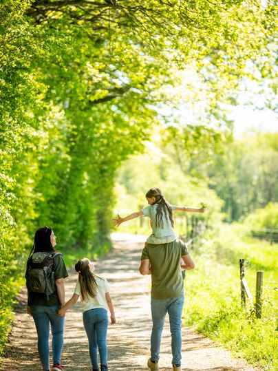 Eine Familie geht einen sonnigen Weg entlang, umgeben von grünen Bäumen. Ein Kind sitzt auf den Schultern eines Elternteils und die anderen halten Händchen.
