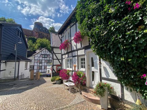 A picturesque courtyard with half-timbered houses and colorful flowers. In the background, green trees and a castle are visible.