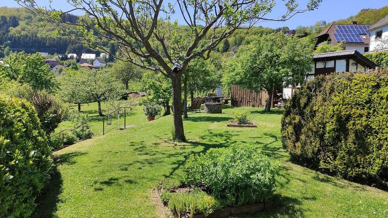 A beautiful garden with a large tree and green lawns. In the background, houses and gentle hills can be seen.