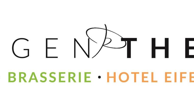 A logo of the Rötgen-Therme that presents the different areas such as sauna village, brasserie, Hotel Eifelsteig, and spa. The colors are designed to be soft and appealing.
