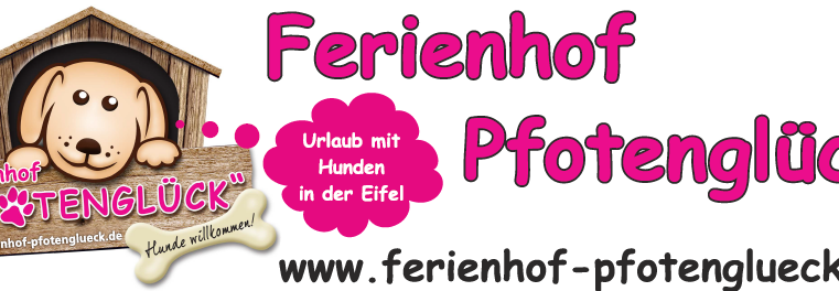 Een vriendelijk logo van vakantiebouw Pfotenglück. De tekst kondigt een vakantie met honden in de Eifel aan.