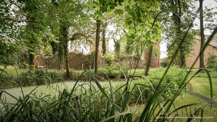 Een rustige tuin met weelderig groen en bomen. Op de achtergrond zijn oude muren zichtbaar.