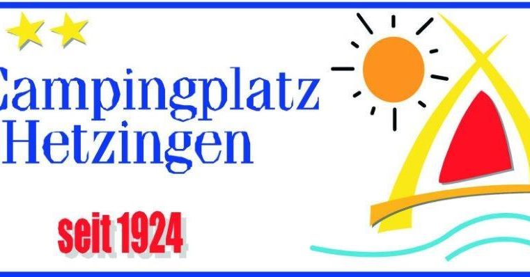 Campsite Hetzingen with a colorful logo depicting the sun, water, and a sailboat. The site has been in operation since 1924.