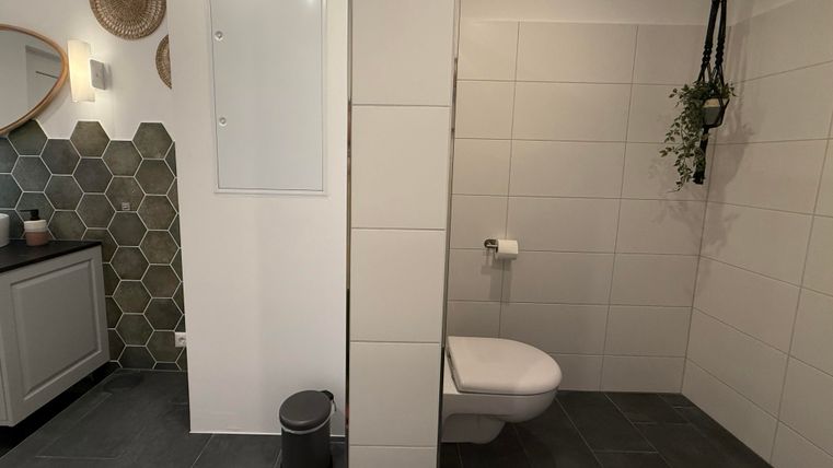 Een moderne badkamer met hexagonale tegels en een elegant wastafel. De muren zijn licht betegeld en een groene plant hangt decoratief.