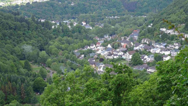 Een schilderachtig uitzicht op een klein dorp, omringd door groene bossen. De huizen zijn zachtjes in het landschap geïntegreerd.