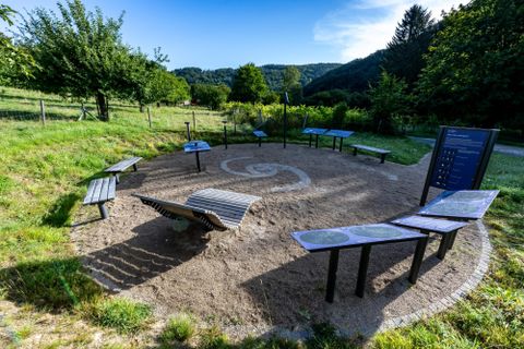 A creative spot in nature with several benches and information panels. Surrounded by trees and gentle hills.