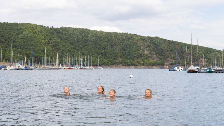 Vier personen zwemmen in het heldere water van een haven. Op de achtergrond zijn boten en een groene heuvelrug te zien.