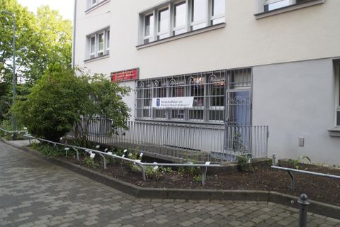 Een gebouw met een raam, omringd door een raster. Op de voorgrond zijn planten en een geplaveide weg te zien.