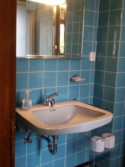 Ein Badezimmer mit blauen Kacheln und einem Waschbecken. Neben dem Waschbecken befindet sich ein Spiegel und zwei Toilettenpapierhalter.