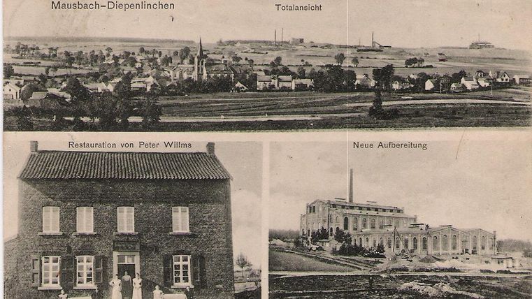 Een historische ansichtkaart met uitzichten van Mausbach-Diepenlinchen. Boven is een totaalbeeld van de stad, onder links het restaurant van Peter Wilms en onder rechts een nieuwe bewerking.