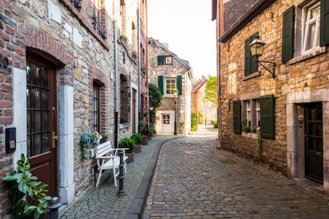A charming alley with cobblestoned ground and historic stone houses.
Green shutters and plants give the scene an inviting atmosphere.