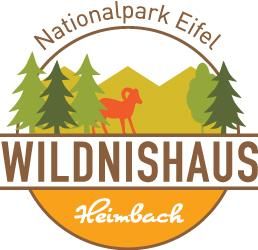 A logo of the Eifel National Park featuring the name "Wildnishaus" and a stylized representation of trees and an animal. It is colorful and invites exploration of nature.