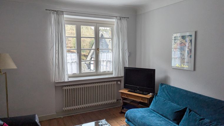 Ein heller Wohnraum mit einem blauen Sofa und einem Fernseher. Das Fenster hat weiße Vorhänge und bietet einen Ausblick nach draußen.