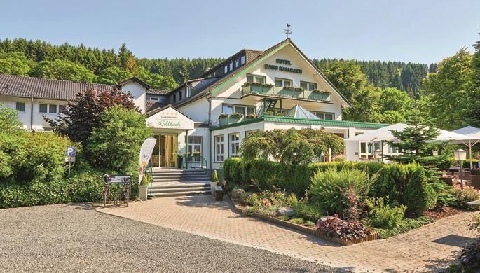 Ein charmantes Hotel umgeben von grüner Natur. Der Eingangsbereich ist einladend mit gepflegten Gärten und einer gemütlichen Atmosphäre.