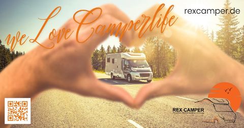A motorhome is driving on a road surrounded by trees. Hands form a heart and the text "We Love Camperlife" is visible.
