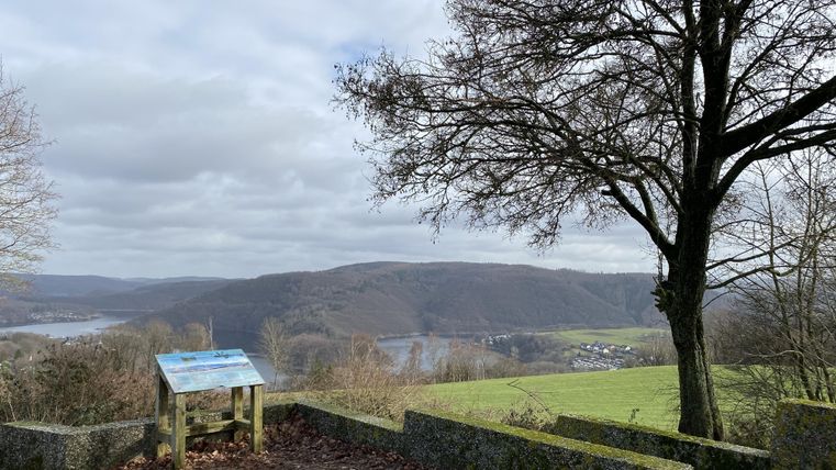 Eine Aussicht auf ein Tal mit einem Fluss und sanften Hügeln im Hintergrund. Ein Baum steht links im Bild, während ein Informationstafel im Vordergrund sichtbar ist.