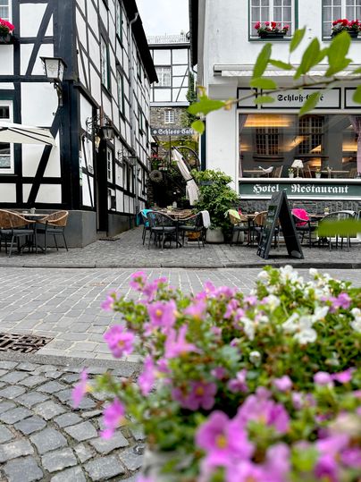 A picturesque alley with half-timbered houses and a cozy outdoor area. Colorful flowers in the foreground add a nice touch.