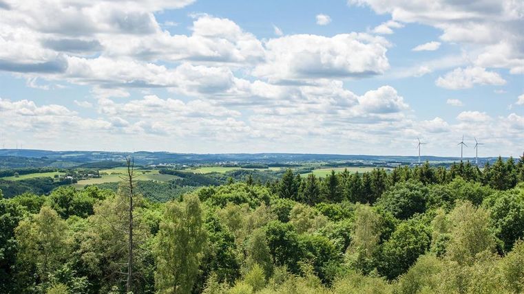 A wide landscape with green forests and gentle hills. In the background, wind turbines and a bright cloud formation can be seen.