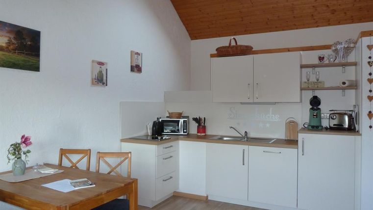 A modern kitchen with a wooden ceiling and bright walls. There is a dining table and various kitchen appliances.