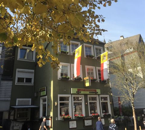 Een groen gebouw met grote ramen en twee vlaggen. Op de voorgrond zijn voetgangers en herfstbladeren te zien.