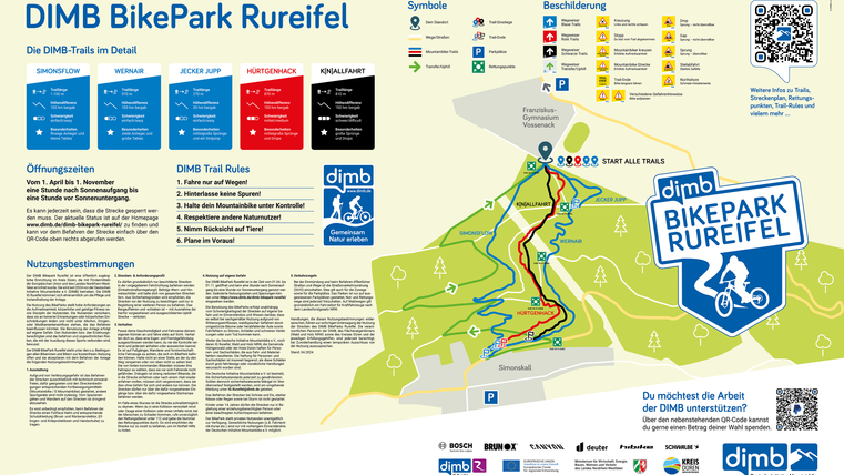 A map of the DIMB BikePark Rureifel with various trails and information. The map shows the routes and important notes for cyclists.