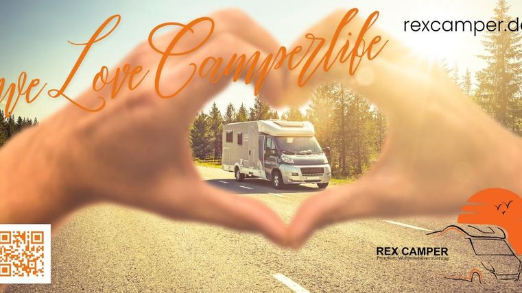 A motorhome drives on a road surrounded by trees. Hands form a heart in the foreground with the text "we Love Camperlife."