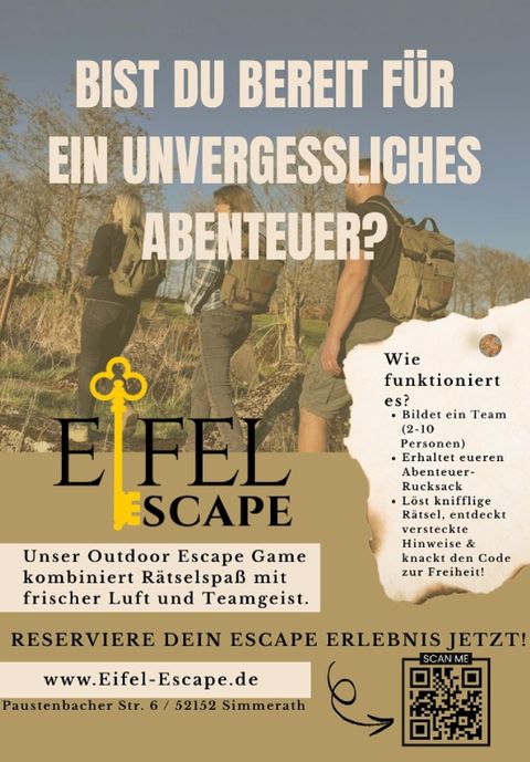 Een advertentie voor een Outdoor Escape Game die een spannend avontuur belooft. Groepen van 2-10 personen kunnen puzzels oplossen en hun teamgeest testen.