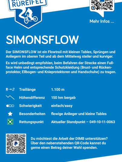 An informational poster about the bike trail "SIMONSFLOW" in the Bikepark Rureifel. It contains details on trail length, elevation changes, and safety guidelines for bikers.