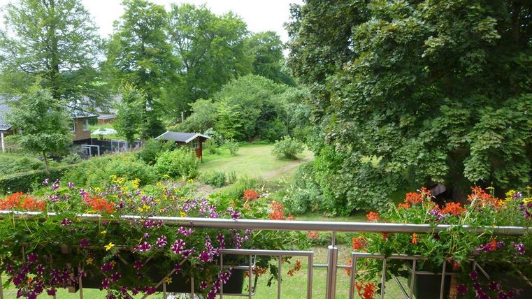 A beautiful view from the balcony of a green garden with colorful flowers. In the background, there are trees and a small shed.