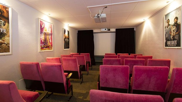 A small cinema room with pink seats and a projector on the ceiling. Several movie posters are visible on the walls.