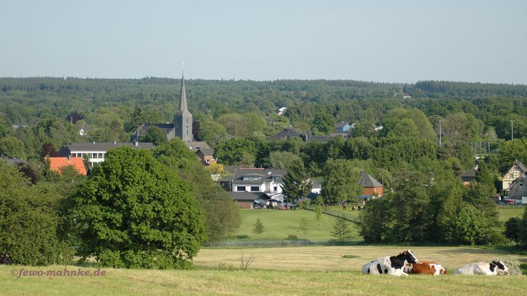 A picturesque landscape with green meadows and scattered houses. In the background, there is a church under a clear sky.