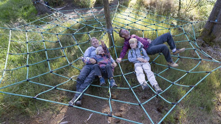 A group of four people is relaxing in a large net made of ropes in nature. The surroundings are green and friendly, ideal for family activities.