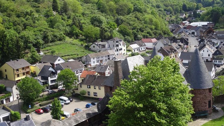 Een idyllisch stadslandschap met groene heuvels en traditionele huizen. Op de voorgrond zijn bomen en een deel van de stadsmuur te zien.