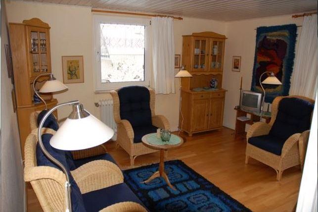 Een gezellige woonkamer met rotan meubels en een blauw tapijt. De muren zijn licht, en er is een televisie evenals decoratieve elementen.