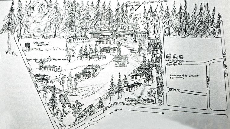 A hand-drawn map of a mountainous area with buildings, paths, and trees. The map shows various locations and amenities in the vicinity.
