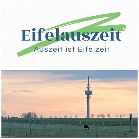 Een mooi uitzicht op een televisietoren in de Eifel bij zonsondergang. Een koe staat vredig op het weiland.
