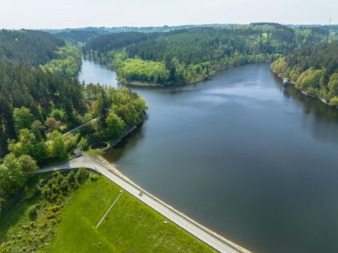 A picturesque landscape with a lake surrounded by green forests. A paved path runs alongside the water.