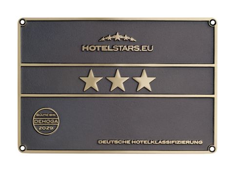 A sign for hotel classification with three stars. It bears the inscription "HOTELSTARS.EU" and "GERMAN HOTEL CLASSIFICATION".