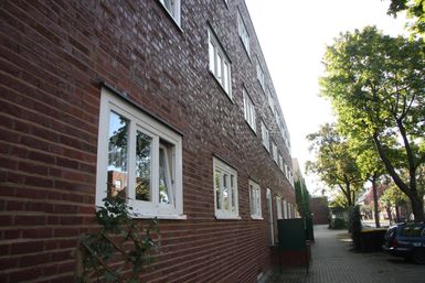 Ein mehrstöckiges Backsteingebäude mit Fenstern an der Seitenansicht. Im Vordergrund sind Bäume und ein Weg zu sehen.