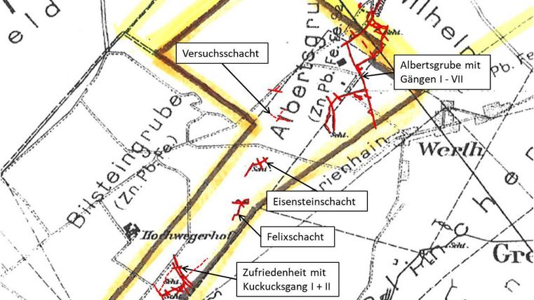 A historical map showing various mining sites. The most important mine shafts are labeled and highlighted with yellow lines.