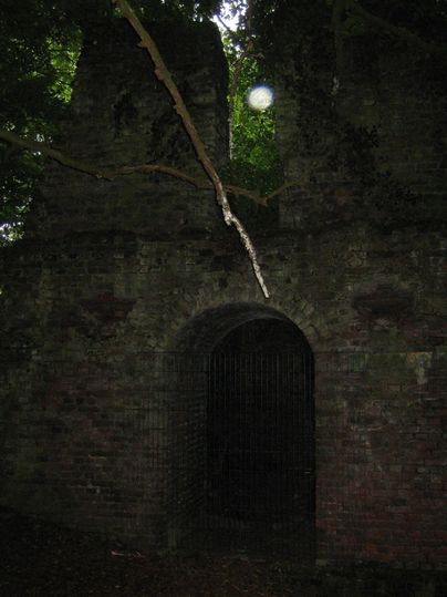 Eine alte, teilweise verwitterte Ruine aus Backstein, umgeben von Bäumen und dichtem Bewuchs. Der Eingang der Ruine ist mit einem Gitter verschlossen und die Atmosphäre wirkt geheimnisvoll und düster.