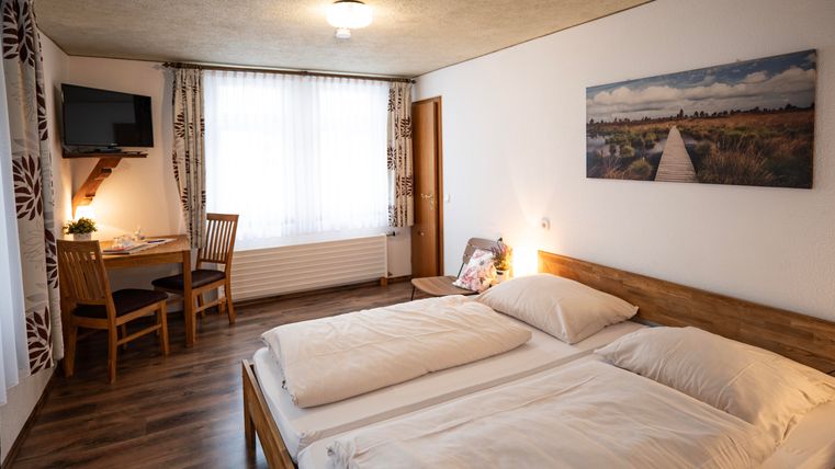 A cozy bedroom with a double bed and a small table. The large windows let in plenty of light, and a television is mounted on the wall.