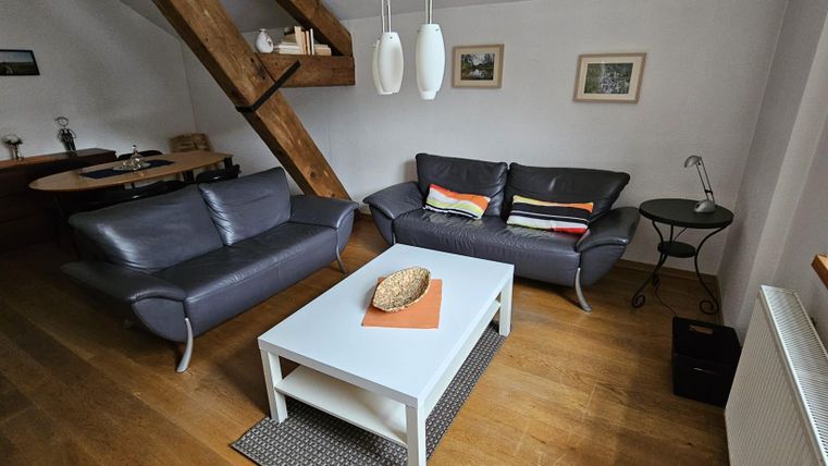 Een gezellige woonkamer met twee grijze banken en een lage witte tafel. Aan de muur hangen schilderijen, en er is een houten vloer evenals enkele decoratieve elementen.