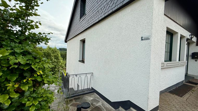 Een modern huis met een witte gevel en een grijs dak. Op de voorgrond zijn enkele planten en een geplaveide weg zichtbaar.