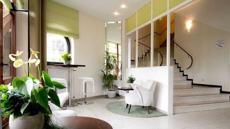 A bright entrance area with modern furniture and green plants. A staircase leads to the upper area of the room.