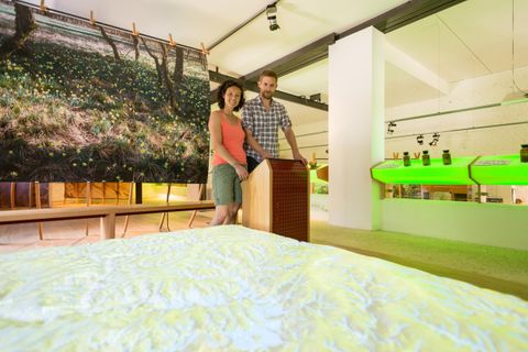 Een paar staat in een moderne expositieruimte, omringd door interactieve displays. Op de achtergrond is een groot beeld van een groene landschap te zien.