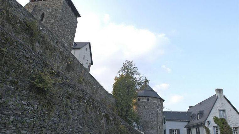 Een historisch gebouw met een machtige stenen muur en een uitkijktoren. Op de achtergrond zijn verdere gebouwen en bomen te zien.