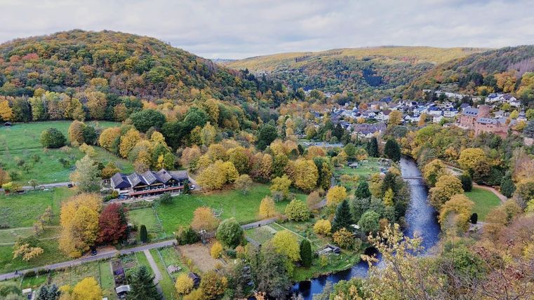 A picturesque landscape with colorful autumn trees and a tranquil river. In the background, a small village can be seen in the gentle hills.