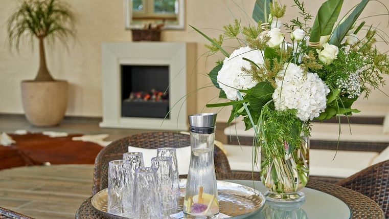 Ein stilvoller Wohnbereich mit einem eleganten Tisch, auf dem eine Blumenvase und Gläser stehen. Im Hintergrund ist ein Kamin und grüne Pflanzen sichtbar.